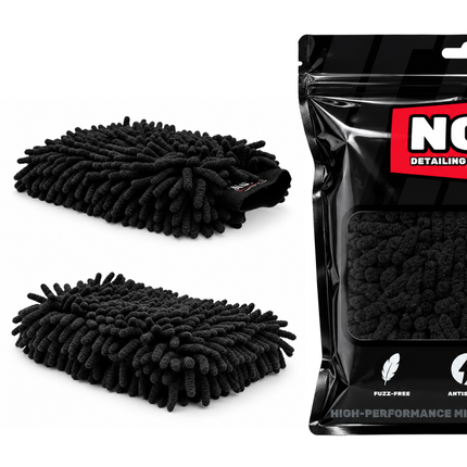 Dvě žinylkové mycí rukavice ChenilleWash™ Black a balení NOX Equipment