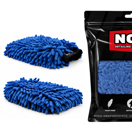 Dvě modré žinylkové mycí rukavice ChenilleWash™ Blue a balení NOX Equipment