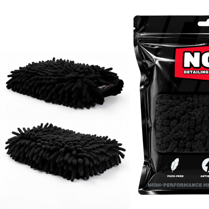 Dvě žinylkové mycí rukavice ChenilleWash™ Black a balení NOX Equipment