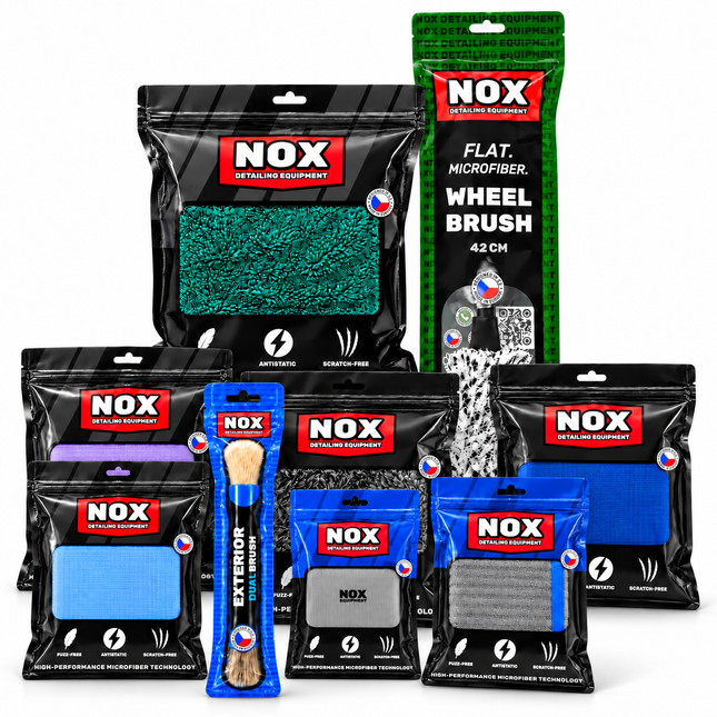 Sada Exterior Bundle Plus by NOX: balení utěrek, ručníku, mycí rukavice, kartáč na kola a štětec