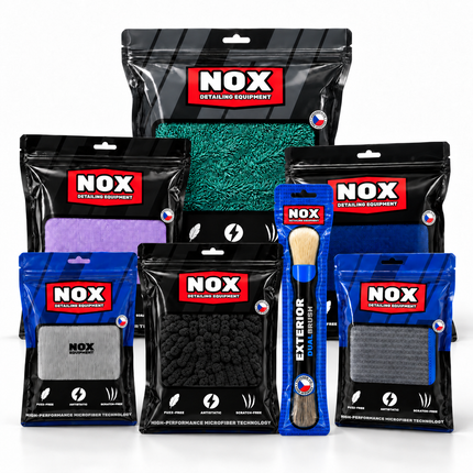 Sada Exterior Bundle by NOX: balení utěrek, sušicího ručníku, mycí rukavice a štětec Exterior DualBrush™