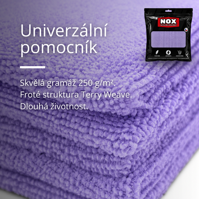 Fialová utěrka FiberOne™ 250 GSM, struktura Terry Weave, a balení NOX Equipment
