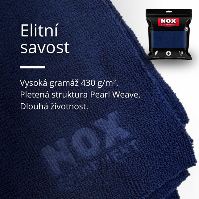 Tmavě modrá utěrka FiberWipe Elite™ 430 GSM, struktura Pearl Weave, a balení NOX Equipment