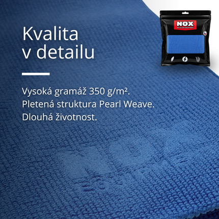 Modrá utěrka FiberWipe™ 350 GSM, struktura Pearl Weave, a balení NOX Equipment