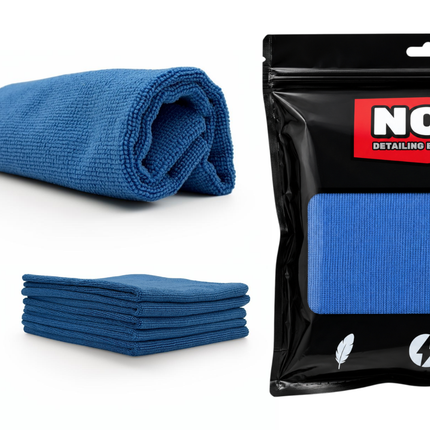 Pět modrých utěrek FiberWipe™ a balení NOX Equipment